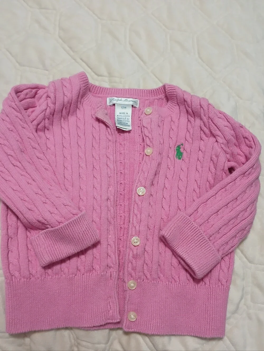 Ralph Lauren Pink Cable-Knit Kids Cardigan with Green Pony
